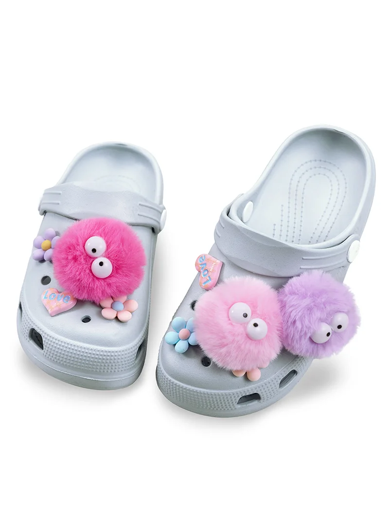 Denokids Girls Slippers Grey EVA 3D Pom-poms
